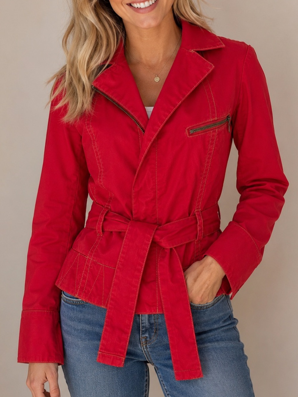 CAbi Style 401 Red Belted Utility Jacket Small Cotton Contrast Stitch